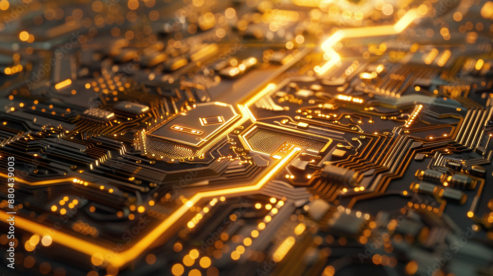 Aufkleber graphic image of an electronic circuit board in a computer with golden sparkles. ai generate.