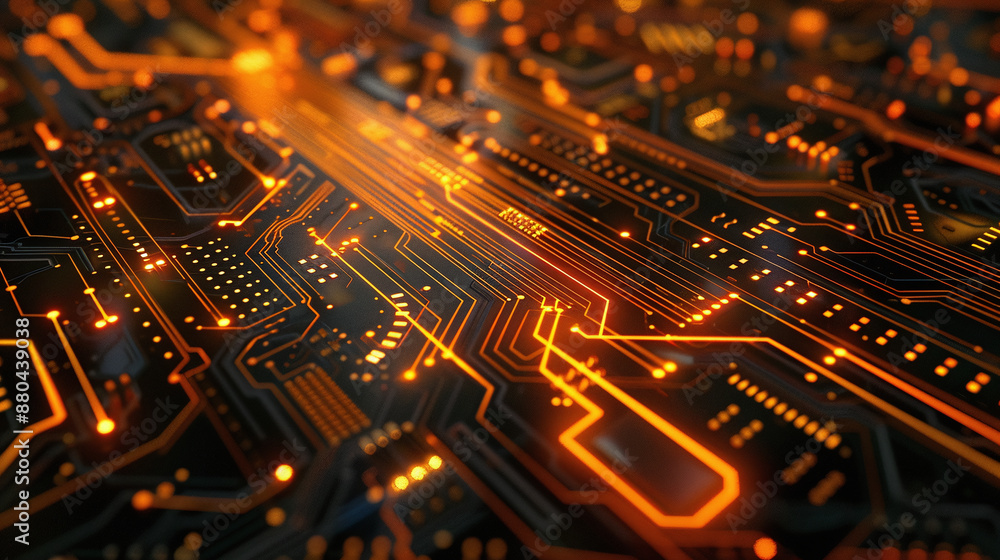 Aufkleber graphic image of an electronic circuit board in a computer with golden sparkles. ai generate.