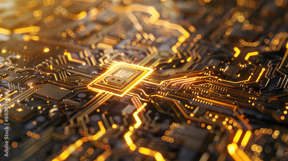 Aufkleber graphic image of an electronic circuit board in a computer with golden sparkles. ai generate.