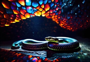 Obraz premium majestic snake silhouette glittering crystal serpent shadow shiny underground grotto, cave, reptile, gleaming, illuminated, cavern, glowing, dark, wildlife