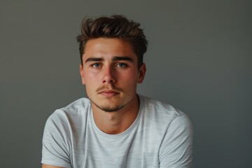 Obraz premium Portrait of a young man with a neutral expression.