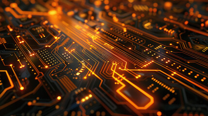 Obraz premium Graphic image of an electronic circuit board in a computer with golden sparkles. Ai generate.