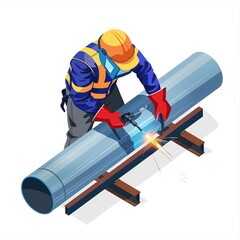 Welder performs welding of metal pipes, isometric