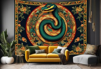 elegant year snake themed wall tapestries stylish decor, design, home, interior, decoration, serpentine, pattern, chinese, zodiac, textile, hanging, art
