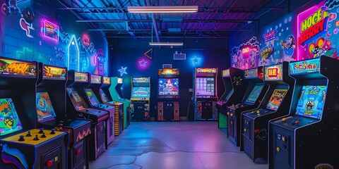 Retro arcade scene with glowing vintage gaming machines and neon lights. Nostalgic atmosphere concept.