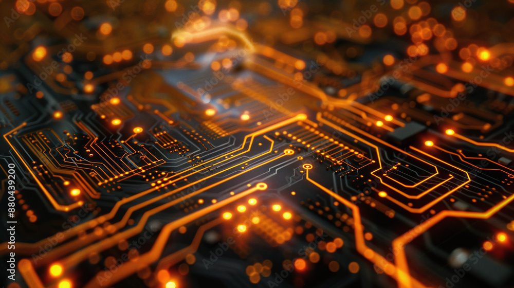 Poster graphic image of an electronic circuit board in a computer with golden sparkles. ai generate.