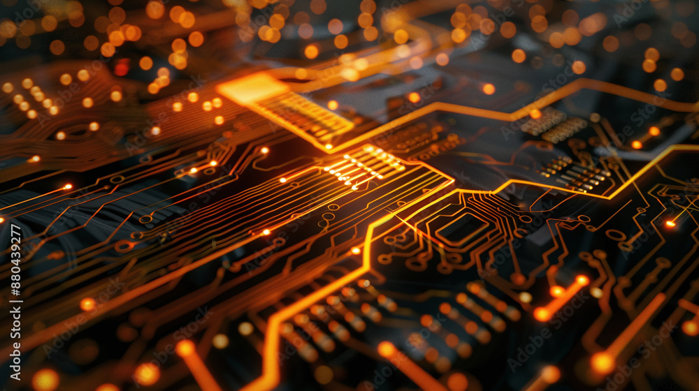 Fototapete graphic image of an electronic circuit board in a computer with golden sparkles. ai generate.