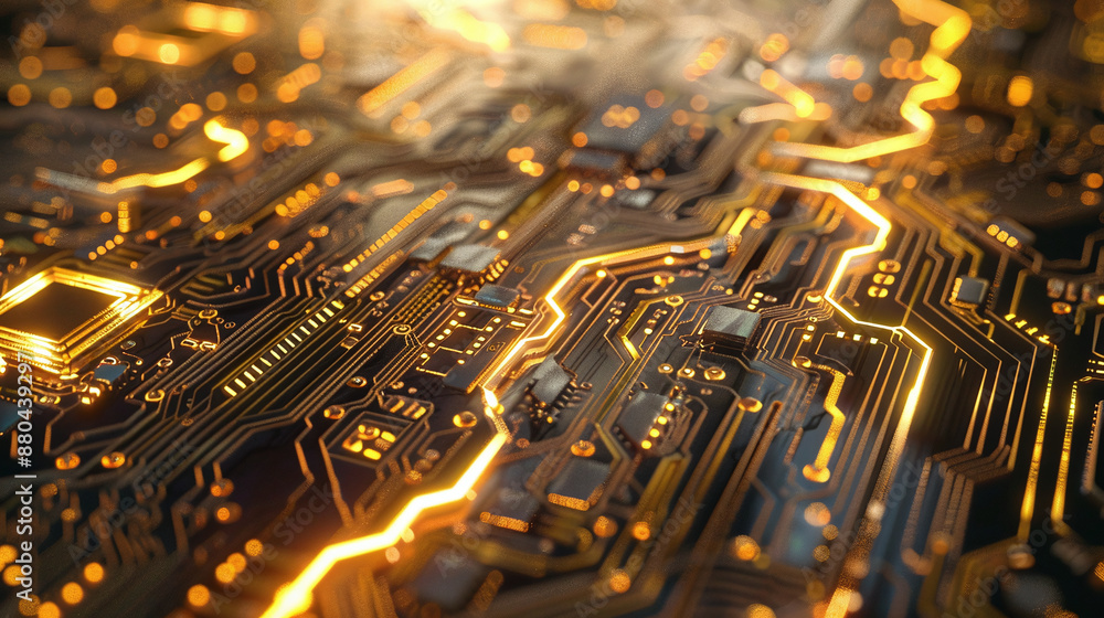 Fototapete graphic image of an electronic circuit board in a computer with golden sparkles. ai generate.