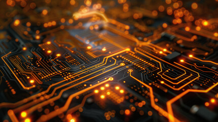 Graphic image of an electronic circuit board in a computer with golden sparkles. Ai generate.