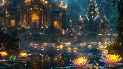 Obraz premium Mystical Cambodian Temple with Bioluminescent Lotuses and Enchanting Carvings