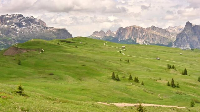 Alta Badia idyllic mountain alm over Corvara in the Dolomites during springtime
