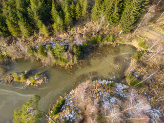Drohnenflug über einen Wald mit See