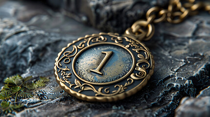  Picture a gleaming gold medal adorned with the number