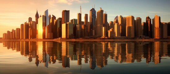 Fototapeta premium Dubai Skyline at Sunset with Reflections in Water