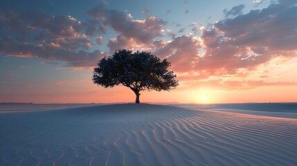 a lonely tree in the desert at sunset