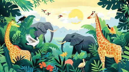 Create a highly detailed and vibrant illustration template focused on animal conservation