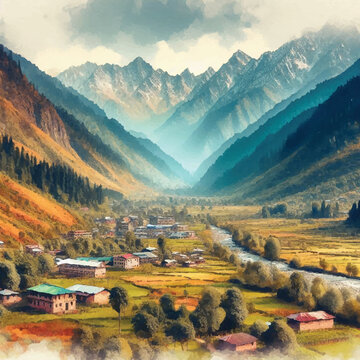 A Valley in mid of mountains in water colour style painting