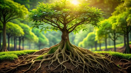A serene, isolated, detailed, high-quality image of lush green plant growth with vast, intricate, earthy roots system in background.