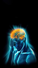 Man with hand on forehead head resting in front with glowing orange brain icon inside healthcare and headache
