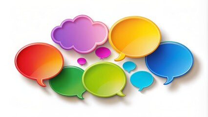 Colorful speech and thought bubbles fill the air, surrounded by white background and subtle shadows, perfect for creative design.