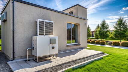 Outdoor unit of heating pump system installed on concrete slab beside exterior wall of modern suburban single-family house.