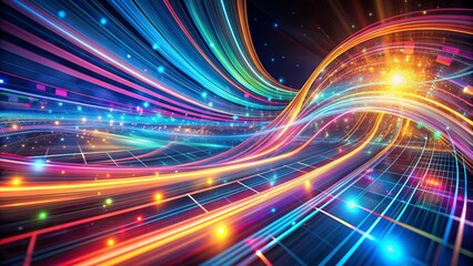 Vibrant abstract digital background featuring weaving curved lines, fast-paced data flow visualization, and high-speed technology on a vast panoramic background.