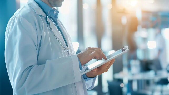 A doctor reviewing patient records on a digital tablet in a brightly lit clinic room. Ai generated