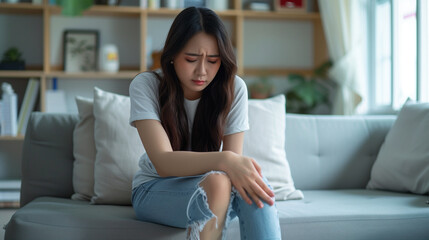 Asian woman holding her knee in pain, while sitting on a minimalist living room sofa, Ai Generated Images