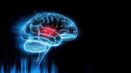 Glowing blue brain with red core on black background illustrating healthcare and headache concept
