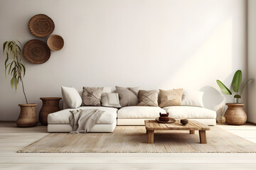 The minimalist and boho interior design of a modern living room in a home is a striking aesthetic choice.