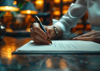 A person in a white shirt writing on paper with a pen in a close up shot of hands holding the pen and working at a desk, the focus is on the hand while making notes.