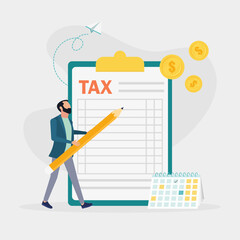 Man fills out financial document form on clipboard and payment date. Tax form, income tax return, company tax payment concept. Vector illustration.	