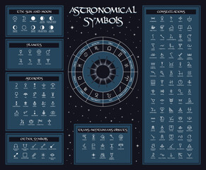 collection of astronomical symbols on dark background