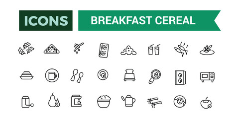 Breakfast cereal icons set outline vector. Outline icons pack. Editable vector line icon set and illustration for web and UI application.