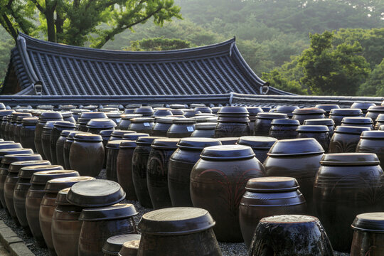 Eunpyeong-gu, Seoul, South Korea - September 28, 2023: Crocks are on crock platform against tile roof of Buddhist sanctuary and Bukhansan Mountain at Jingwansa Temple
