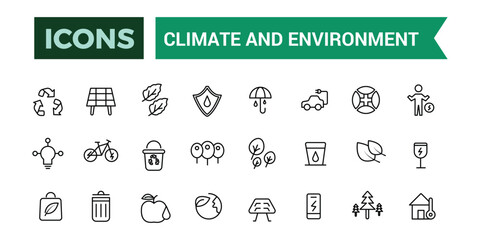 Climate and Environment icons set. Outline icons pack. Editable vector line icon set and illustration for web and UI application.