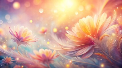 Vibrant, soft focus, abstract watercolor background featuring gentle, feathery rays of sunrise or delicate flower petals in warm, pastel hues.