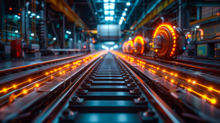 Railway track with orange lights. The train is not visible. Abstract background.