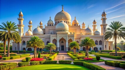 Majestic Arabian palace facade with intricate Islamic architecture, ornate domes, and vibrant...