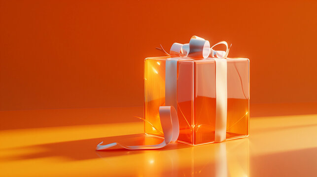 Glass bright orange bold white present gift box translucent ribbon bow clear minimal aesthetic Wedding Anniversary Christmas celebrate birthday luxury wrapping sale gift guide plain banner copy space