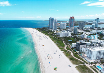 Aerial view of beautiful Miami Beach city, Florida, United States. Drone shot of Miami on sunny day. Miami Beach, wonderful aerial view of buildings. Panorama view of Miami Beach, South Beach, USA.