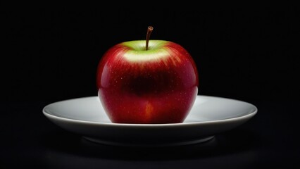 a red apple on a white plate on a black background