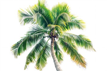 Exotic palm tree on white background with lush leaves.