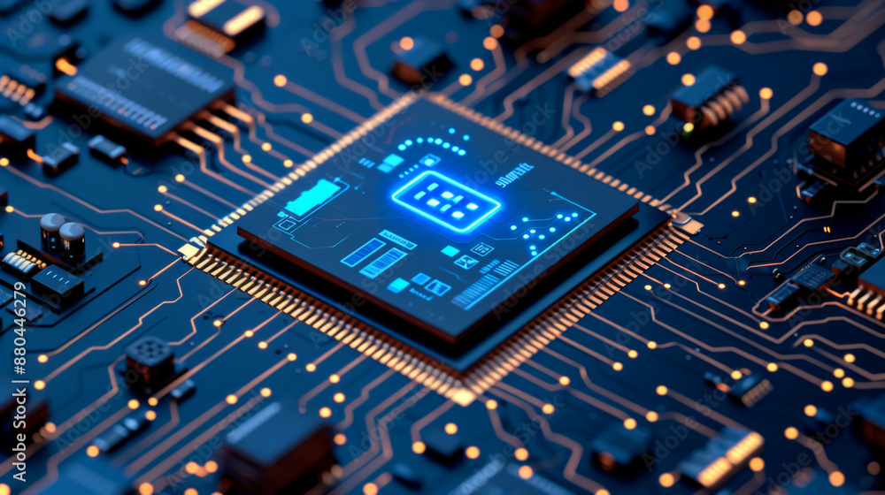 Poster a modern digitalized chip inside the board. mechanism for implementation into the device. technology
