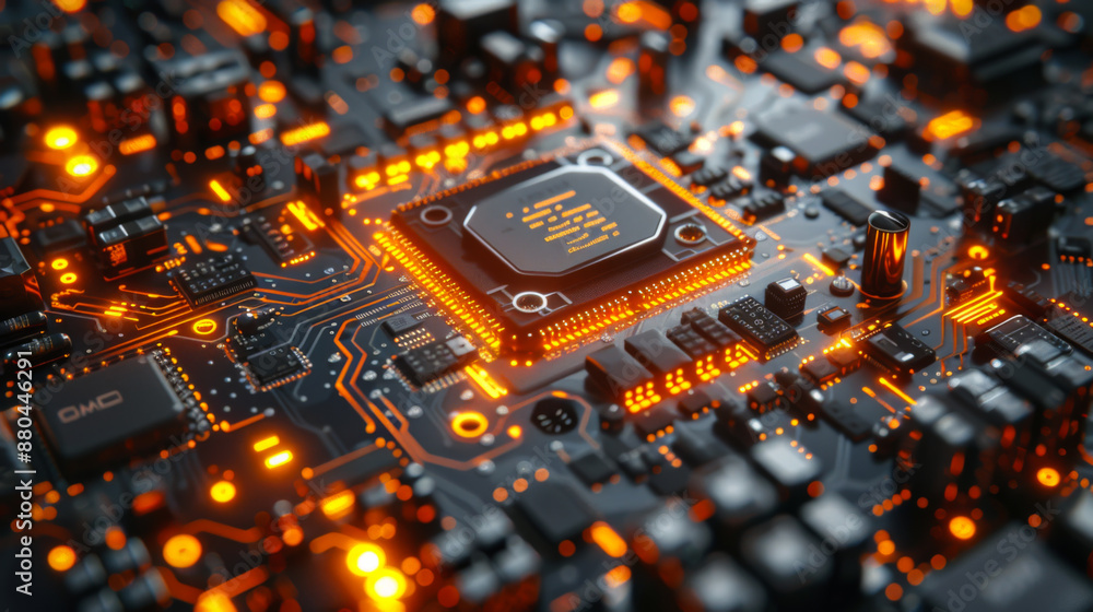 Poster a modern digitalized chip inside the board. mechanism for implementation into the device. technology