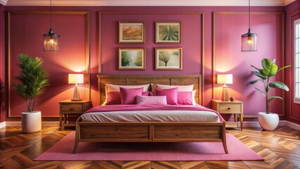Fototapeta premium Vibrant pink walls surround elegant bedroom furniture, adorned with colorful posters, and ambient lighting, exuding warm, cozy, and youthful atmosphere.