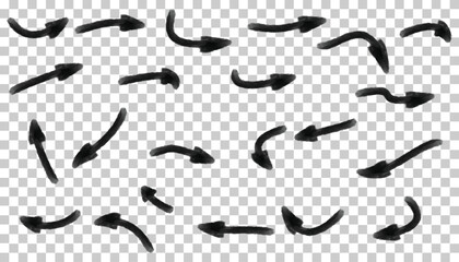 Hand draw arrows set. Charcoal arrows vector icons set Hand drawn freehand different curved lines swirls arrows Doodle.