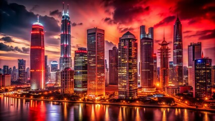 Fototapeta premium Darkened grey cityscape at night with gleaming black skyscrapers and vibrant red accents, creating a stunning urban landscape contrast.