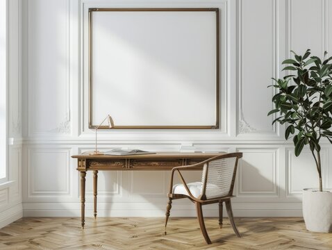 Elegant Home Office with White Walls and Wooden Details