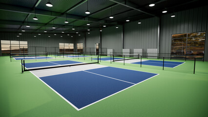 An indoor pickleball tennis court featuring a blue and white floor.